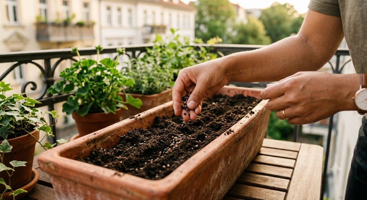 Közeli fotó egy balkonkertész kezéről, amint apró salátamagokat vet a sötétbarna, laza és frissített virágfölddel teli hosszú balkonládába a teraszon.