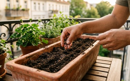 Közeli fotó egy balkonkertész kezéről, amint apró salátamagokat vet a sötétbarna, laza és frissített virágfölddel teli hosszú balkonládába a teraszon.