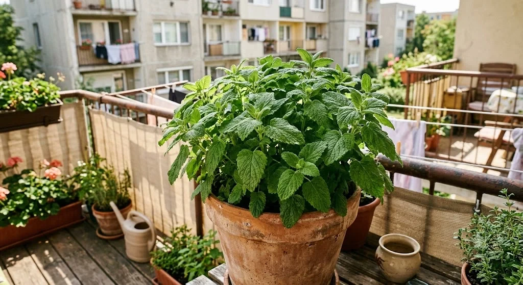 Citromfű cserépben a balkonon, dús zöld levelekkel