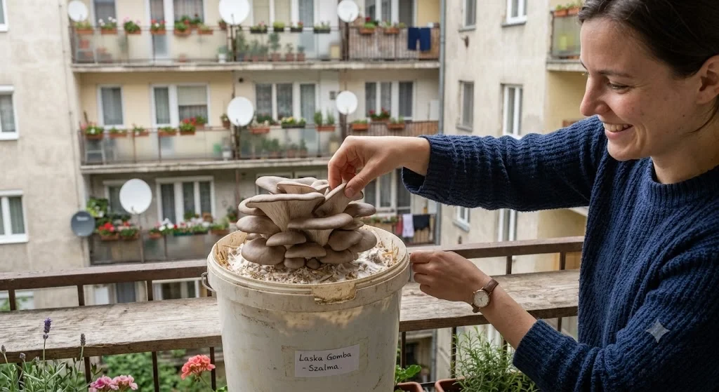 laskagomba szüret kézzel, első flush erkélyen termesztett gomba szüretelésekor
