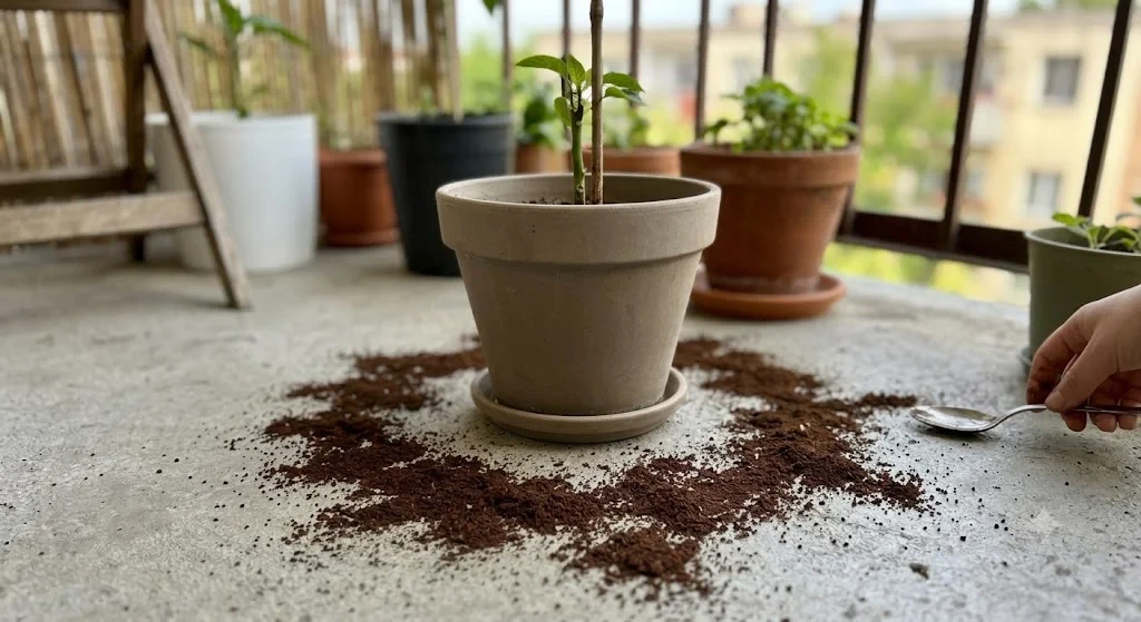 Kávézacc csigariasztóként cserép körül szórva az erkélyen