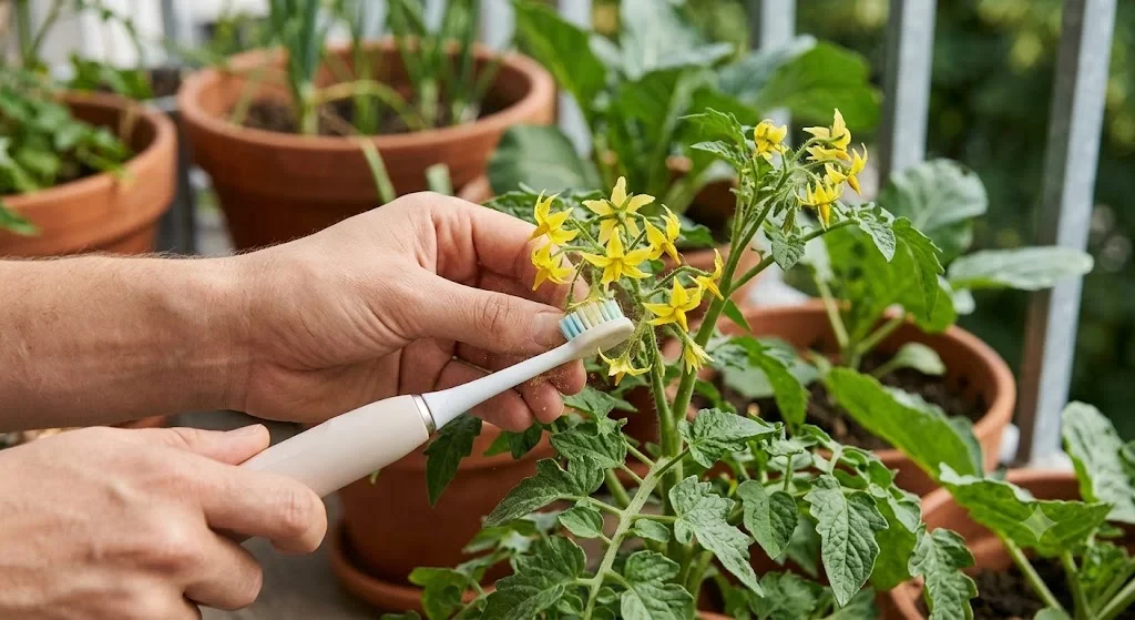 Kéz fogja az elektromos fogkefét (vagy ceruzát) és a paradicsomszárhoz érinti – a vibrálásos beporzás trükkje. Vidám, könnyed kép, nem kell profin kinézni.