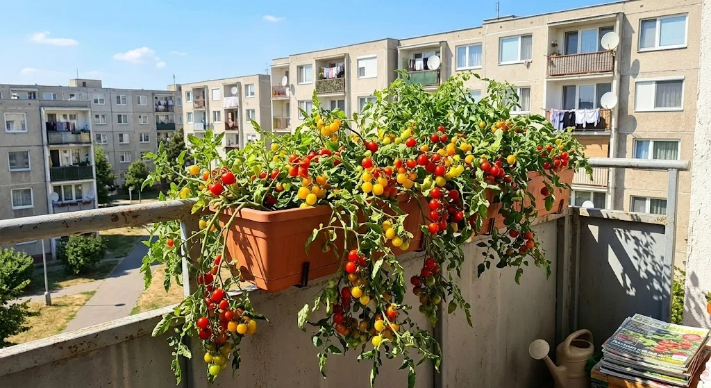 Cherry paradicsom balkonládában az erkélyen nyáron