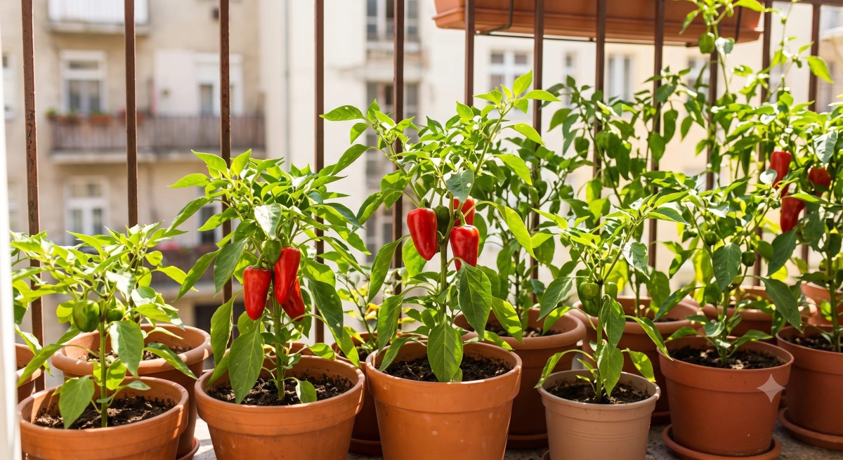 Érett piros és zöld paprikák cserépben egy napos erkélyen – balkoni paprika termesztése