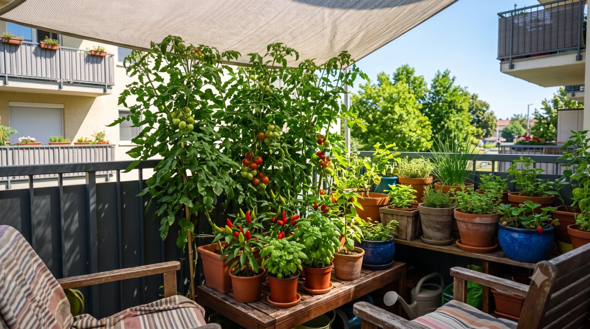 Dúsan termő, zöld koktélparadicsom bokrok és élénkpiros chili paprikák egy déli fekvésű erkély korlátjánál, szűrt nyári napsütésben.