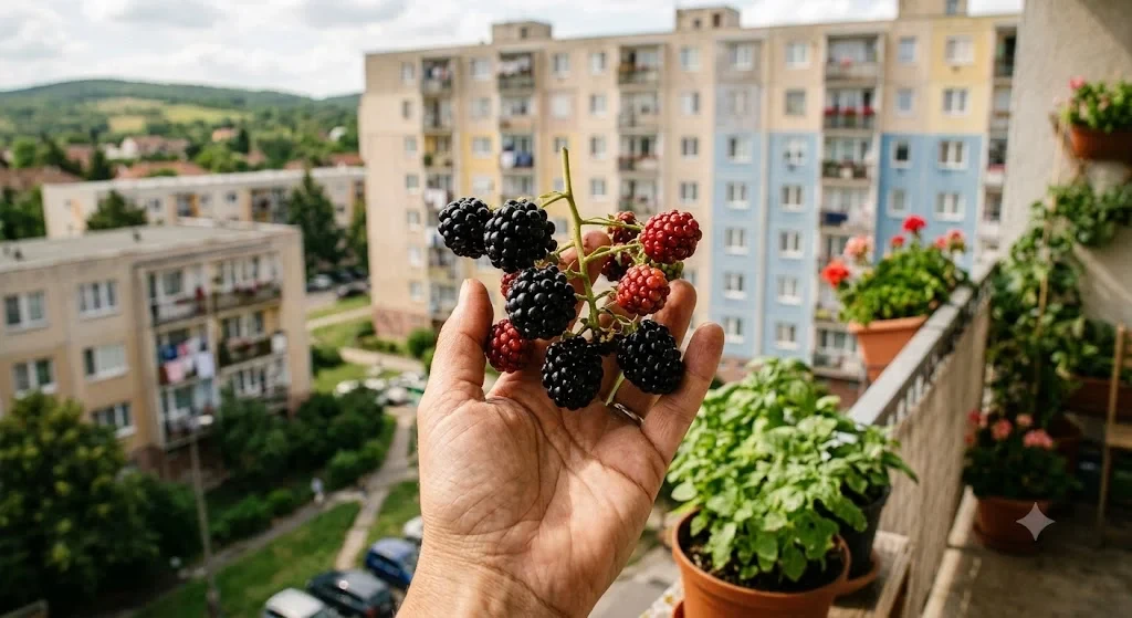 Szeder szüretelése erkélyen – érett fekete bogyók begyűjtése kosárba