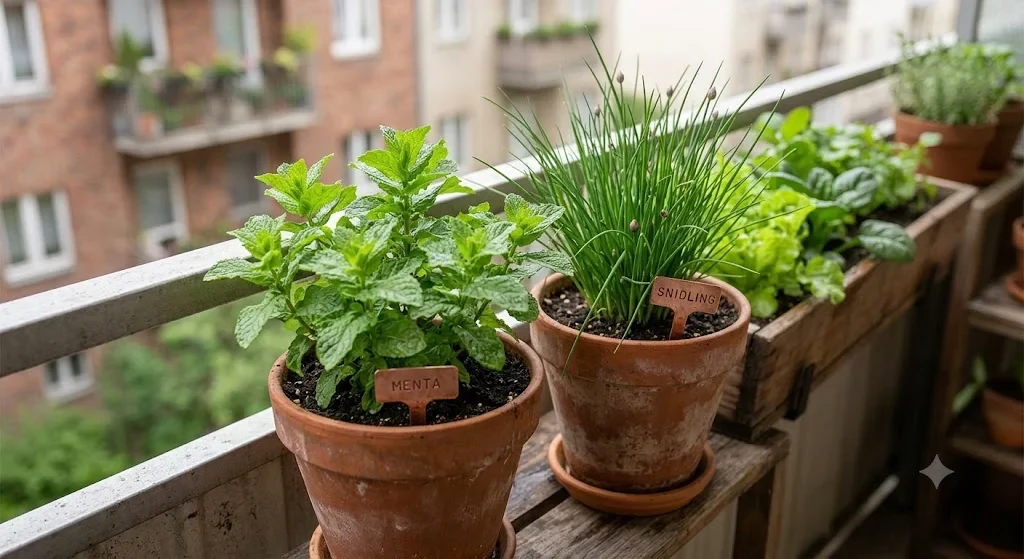 Menta és snidling árnyéktűrő fűszernövények cserépben