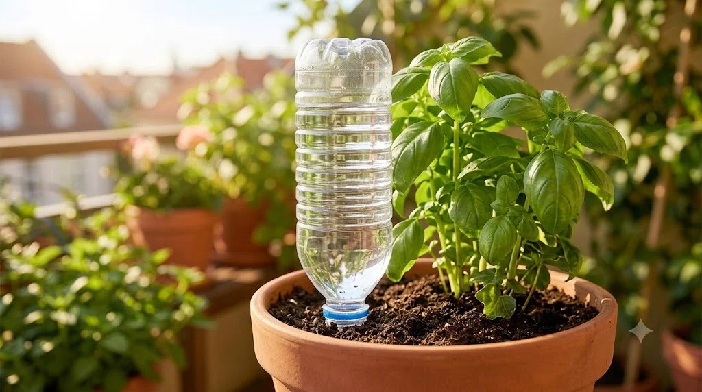 Fejjel lefelé fordított PET-palack mint DIY öntöző balkoni cseréphez – filléres vakációs trükk