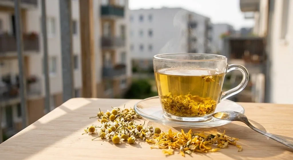 házi gyógynövényes tea szárított kamillából és orbáncfűből, erkélyen termesztett gyógynövény