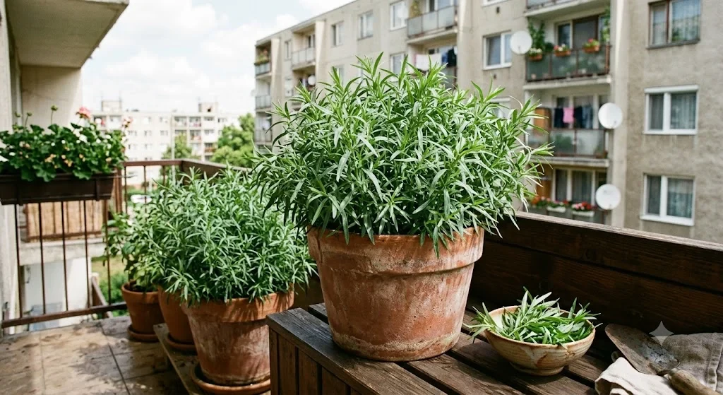Dús, ezüstösen zöld tárkony bokrok terrakotta cserépben, erkélyi természetes fényben. Mellette vagy előtte egy kis tál, amiben friss levelek.