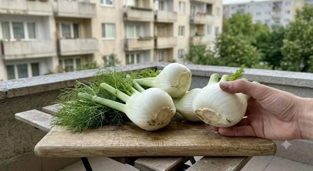 frissen szüretelt édeskömény gumók erkélyről, őszi édeskömény szüret