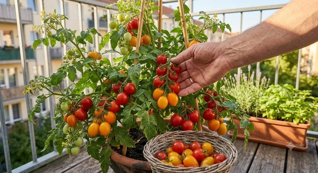 frissen szedett cherry paradicsom fürt kézben, balkoni szüret nyáron