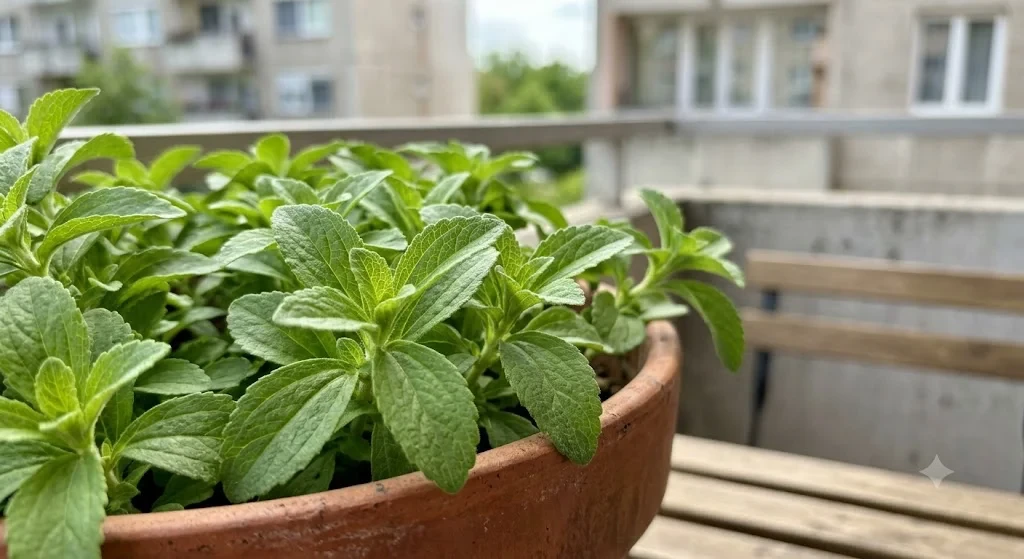 stevia levelek közelkép cserépben erkélyen, természetes cukorhelyettesítő levél
