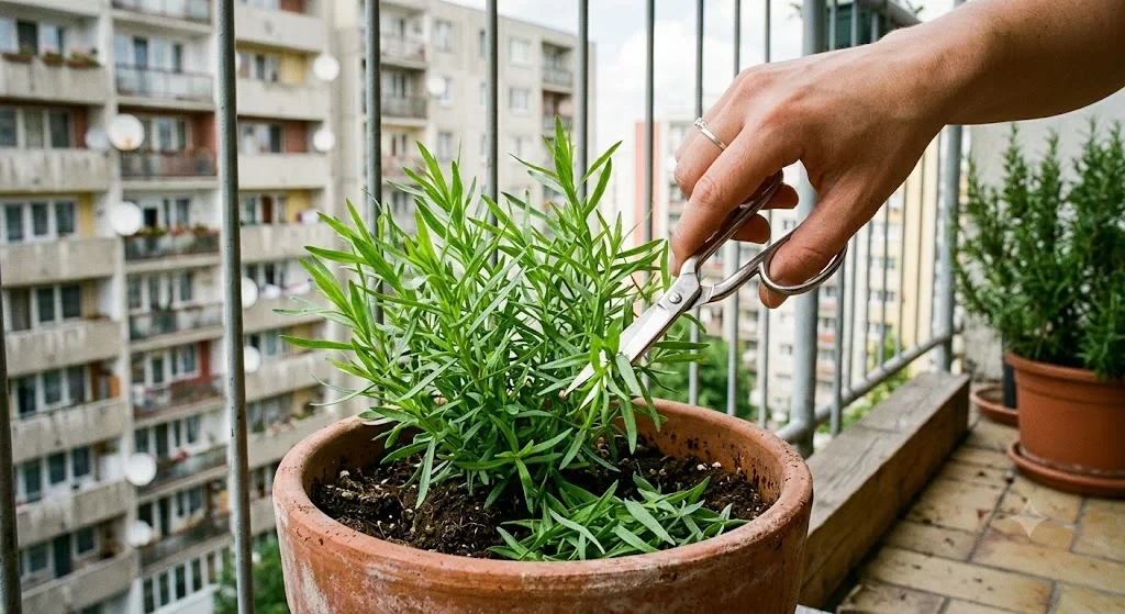 tárkony szüret ollóval erkélyen, fiatal hajtások levágása cserépből
