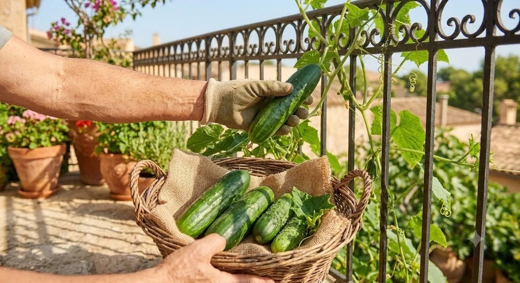 Friss balkoni uborka szüret – dézsában termesztett saláta uborka