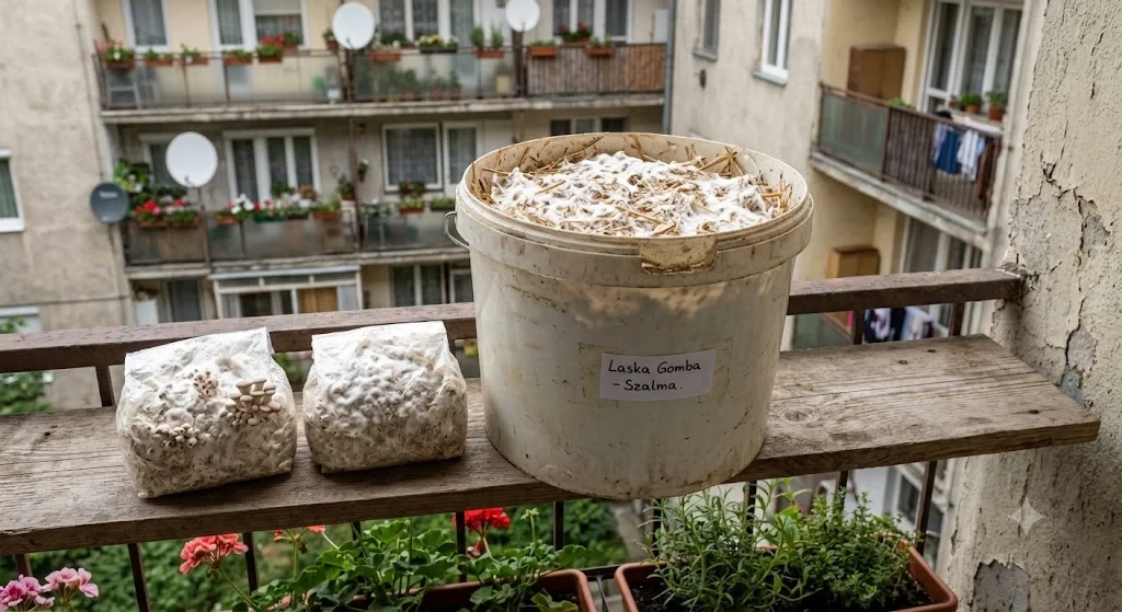 laskagomba termesztés kezdete vödörben, micélium növekedés szalmás szubsztráton