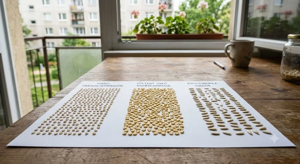 zöldségmagok szárítása fehér papírlapon erkélyen, paradicsom paprika uborka mag