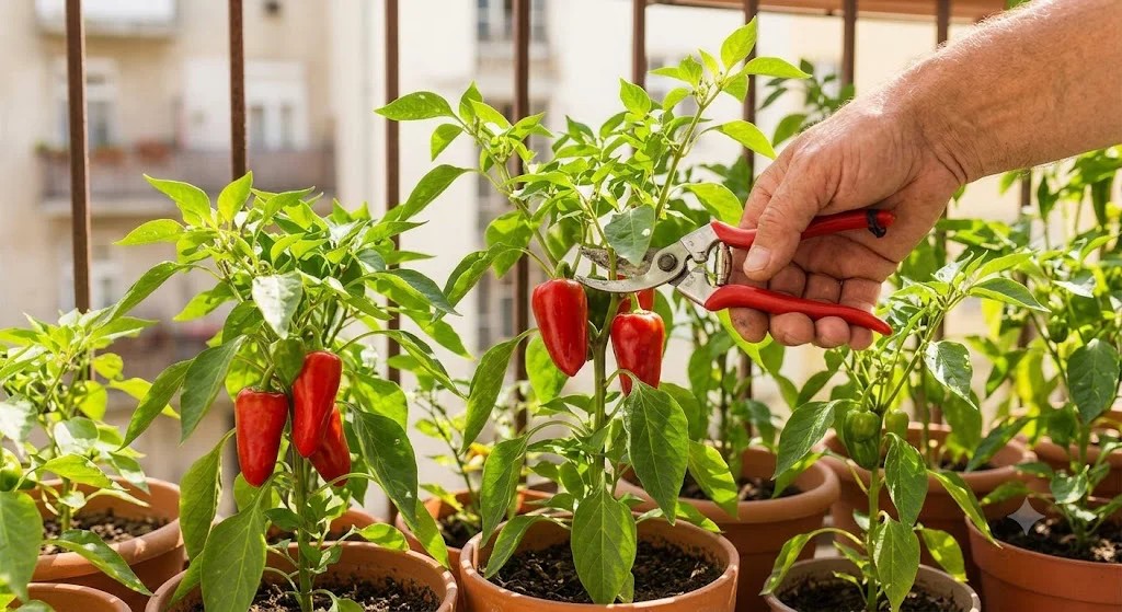 Érett balkoni paprika szüretelése ollóval cserépből