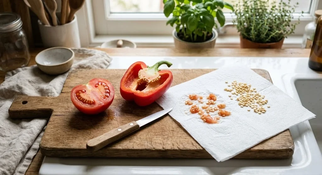 paradicsom és paprika magok kinyerve konyhában, ingyenes vetőmag otthonról