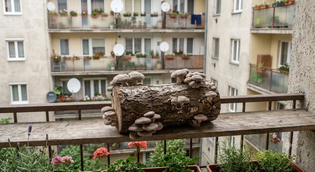 shiitake gomba fatönkön erkélyen termesztve, tönkből kinövő friss shiitake gombák