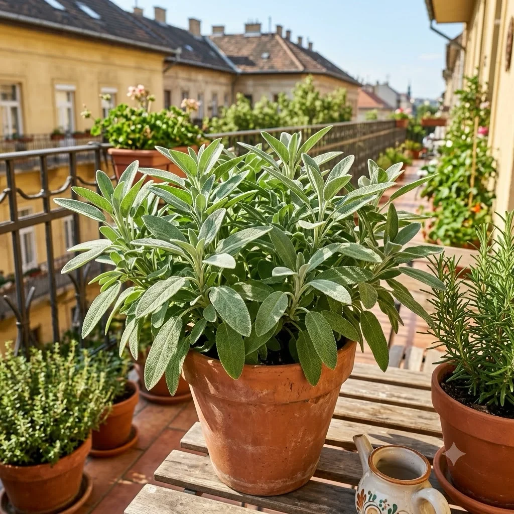 dús ezüstöszöld zsálya terrakotta cserépben napsütéses balkoni háttérrel, bársonytapintású levelek