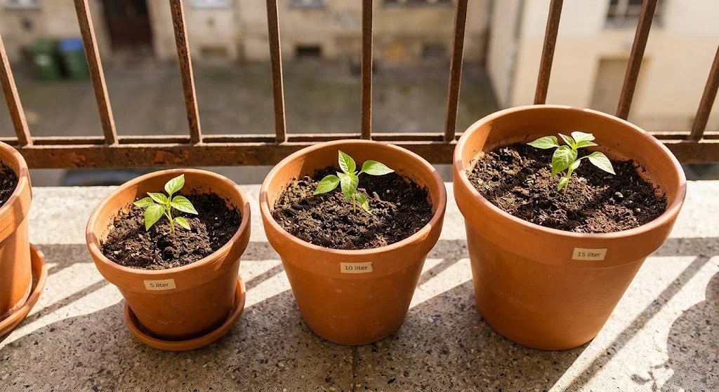 Különböző méretű cserepek paprikapalántákkal – balkoni paprika cserépméret útmutató