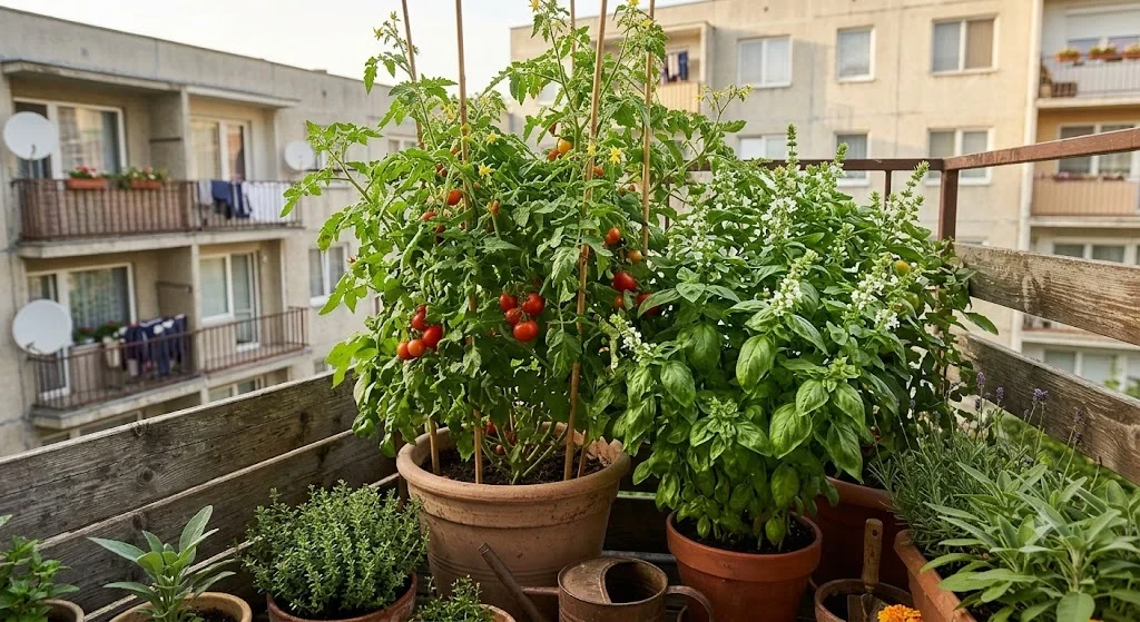 paradicsom és bazsalikom társnövényként egymás mellett erkélyen