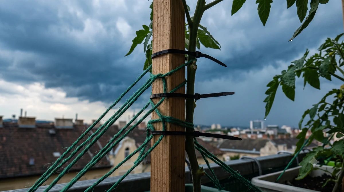 Zsinórral megerősített paradicsomkaró vihar előtt az erkélyen