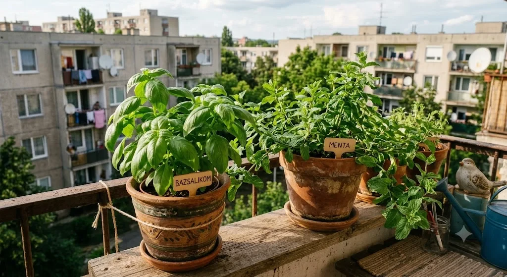 Közelkép: balra dús bazsalikom tő, jobbra terjengő menta – egymás mellett