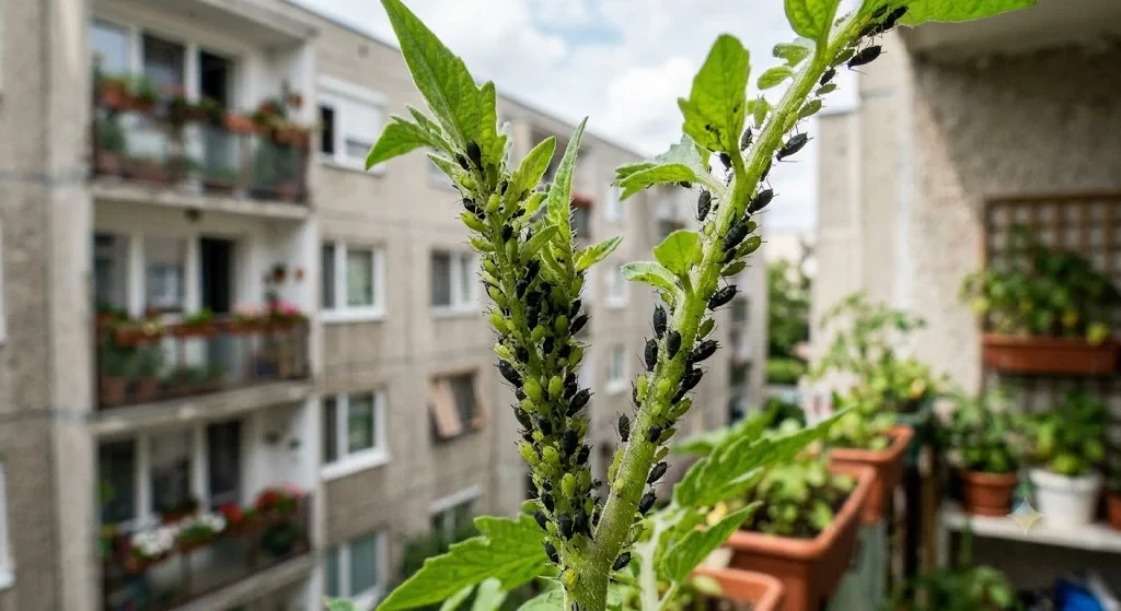 Levéltetű-telep fiatal hajtáson – az erkélykert egyik leggyakoribb kártevője