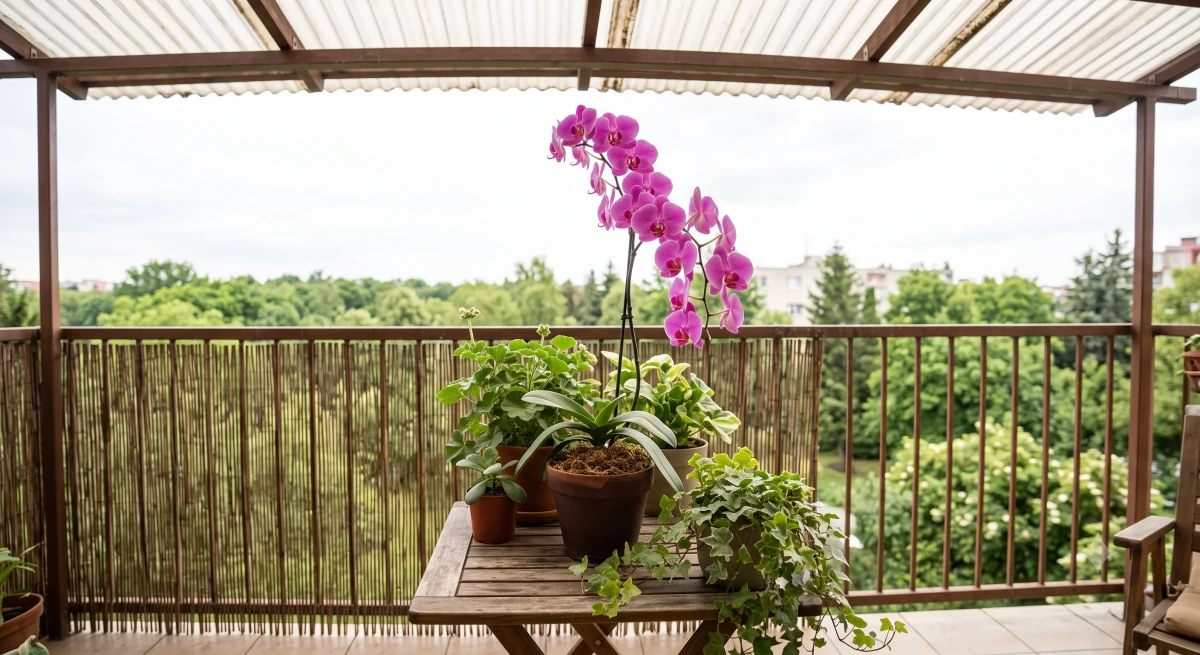 virágzó Phalaenopsis orchidea szórt fényes balkoni helyen, erkélyes elhelyezés nyáron