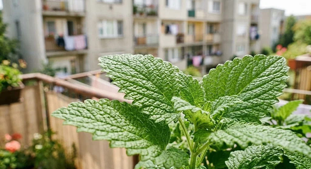 Citromfű levelek közeli képe, aromás gyógynövény cserépben