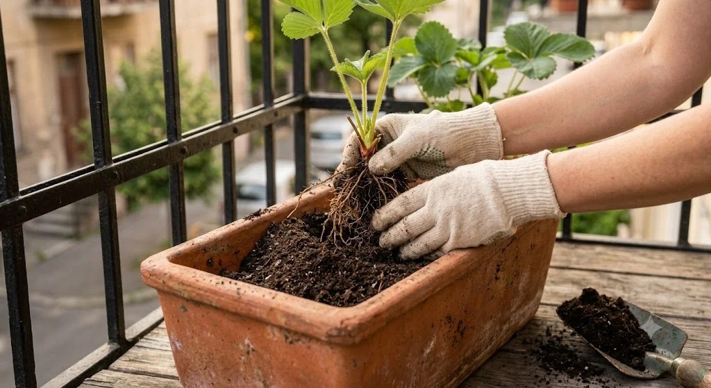 Eper tőrózsa ültetése terrakotta dézsába – a helyes ültetési mélység megmutatva
