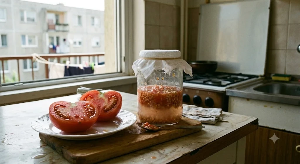 paradicsom magmentés fermentációs módszerrel, magok vízben áztatva pohárban