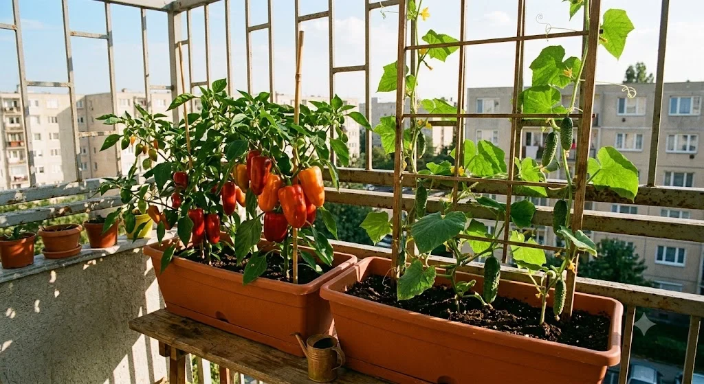 Paprika és uborka cserépben egymás mellett az erkélyen