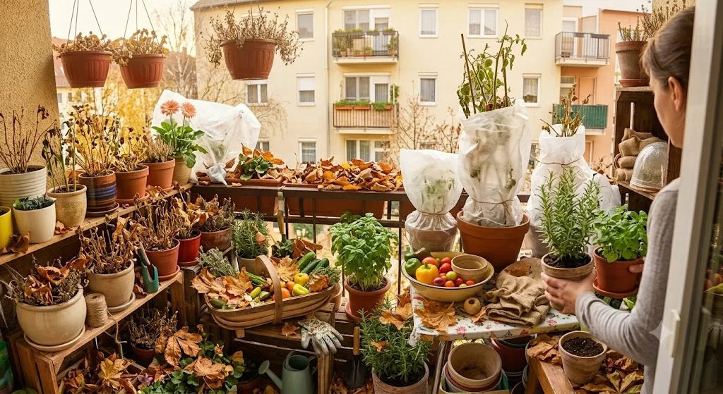 erkélykert téliesítése ősszel, cserepek fólia alatt és bevitt növények novemberben