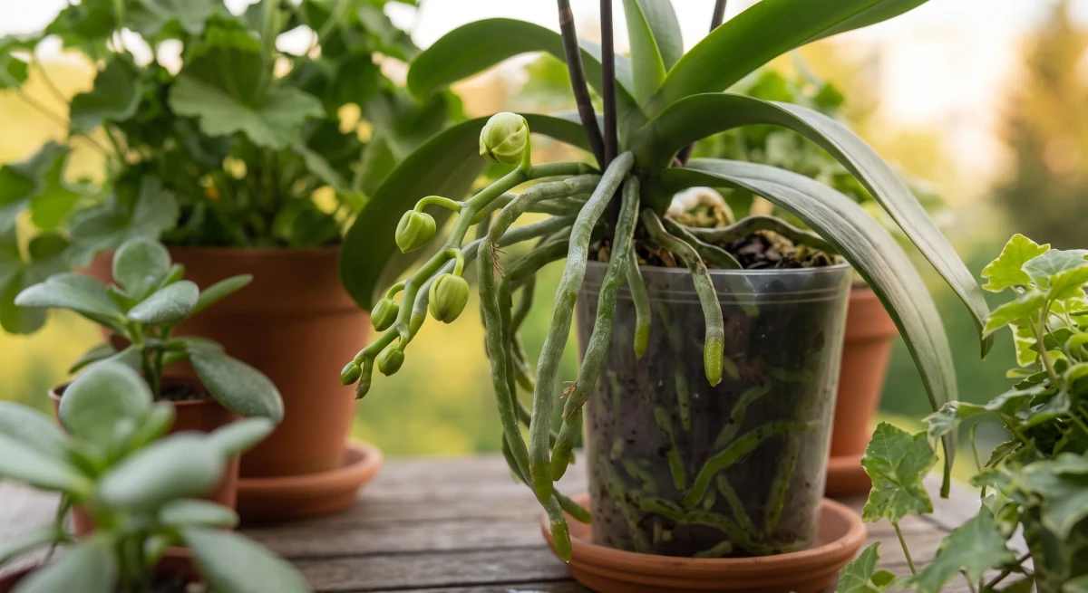 orchidea friss virágszára fejlődő bimbókkal, újravirágzás a balkoni nyári kitetel és őszi lehűlés után