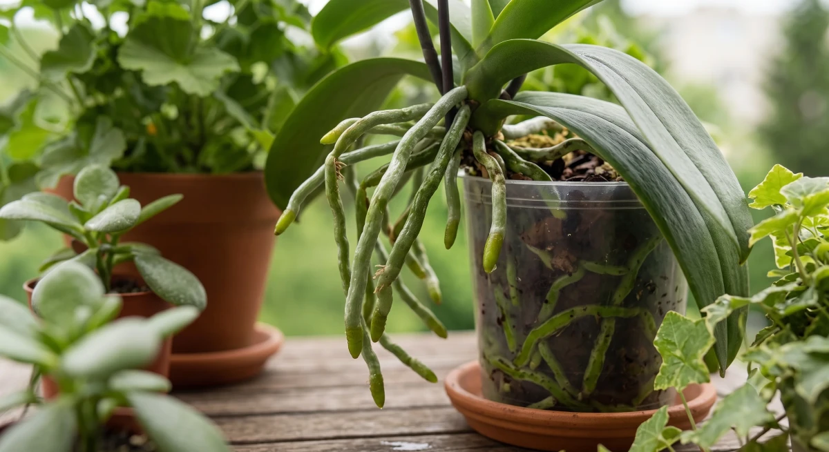 orchidea léggyökerei közelről zöld aktív állapotban, egészséges gyökerek nyári balkoni tartásban