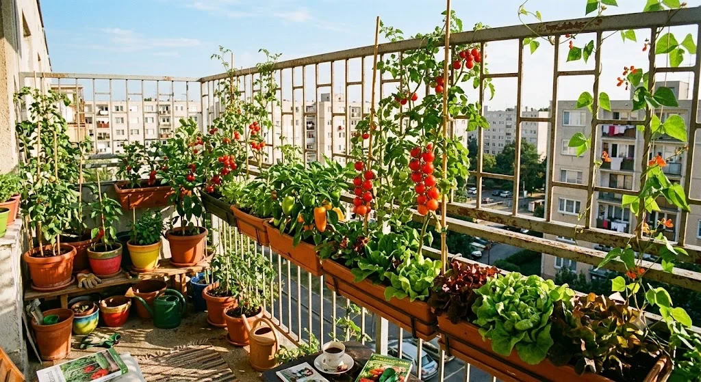 Termő erkély zöldségekkel tele: paradicsom, paprika és saláta cserépben