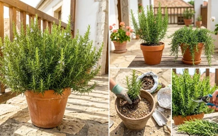 főkép-kollázs-dús rozmaringbokor terrakotta cserépben napsütéses balkonton