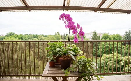 virágzó Phalaenopsis orchidea szórt fényes balkoni helyen, erkélyes elhelyezés nyáron
