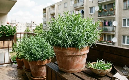 Dús, ezüstösen zöld tárkony bokrok terrakotta cserépben, erkélyi természetes fényben. Mellette vagy előtte egy kis tál, amiben friss levelek.