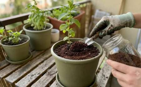 Kávézacc mulcsrétegként cserép talajfelszínén, természetes talajvédelem