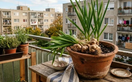 Szép, barnás héjú fokhagymafejek cserépben vagy dézsa szélén, mellettük zöld fokhagymalevelek