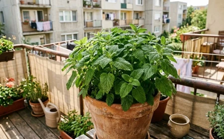 Citromfű cserépben a balkonon, dús zöld levelekkel