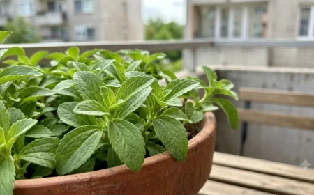 stevia levelek közelkép cserépben erkélyen, természetes cukorhelyettesítő levél