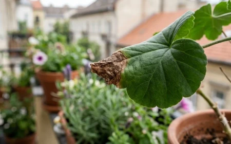 Közelkép egy balkoni növény leveléről, amelynek hegye barna és száraz, a levél többi része még zöld és egészséges. Éles fókusz a levélhegyen, természetes fény.