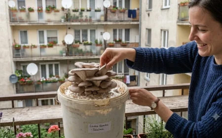 laskagomba szüret kézzel, első flush erkélyen termesztett gomba szüretelésekor