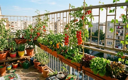 Termő erkély zöldségekkel tele: paradicsom, paprika és saláta cserépben