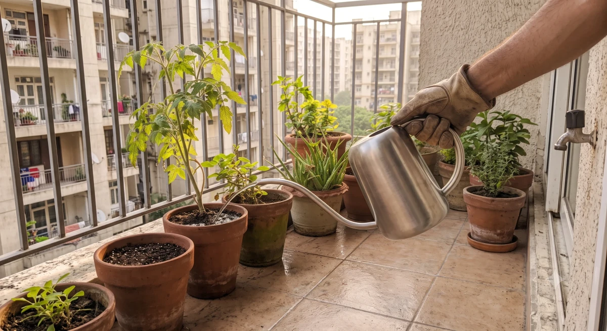 Kézi locsolókanna használata az erkélyi növények öntözéséhez